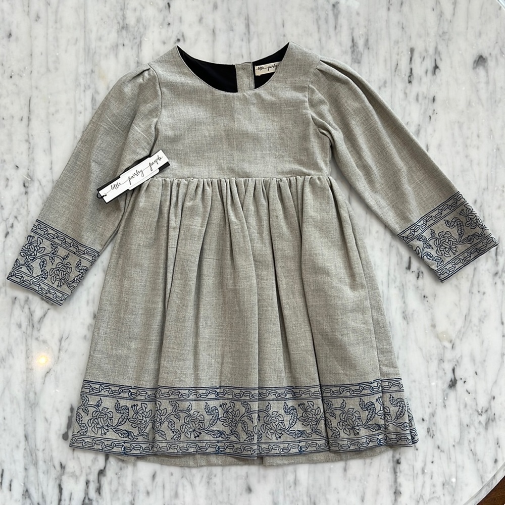 New Girls Little Paisley People Grey and Blue Floral Hem Long Sleeve Dress